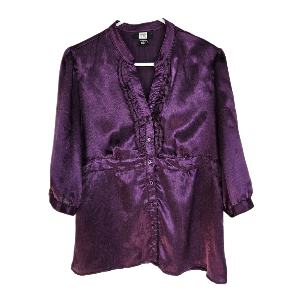 Y2k Babydoll Shirt Womens Purple Satin Button Up Ruffle V Neck 90s Dark Academia